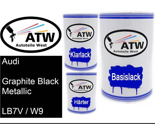 Audi, Graphite Black Metallic, LB7V / W9: 500ml Lackdose + 500ml Klarlack + 250ml Härter - Set, von ATW Autoteile West.